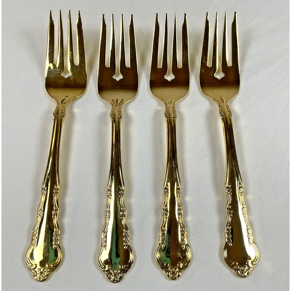 1847 Rogers Bros E.P. Korea Gold Plate Spring Flowers 4 Vtg Salad Dessert Forks